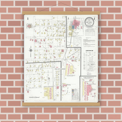 Old map wall art mockup — magnetic wood frame on brick wall — Sanborn Fire Insurance Map from Oak Hill, Jackson County, Ohio (1940), Sheet #0001
