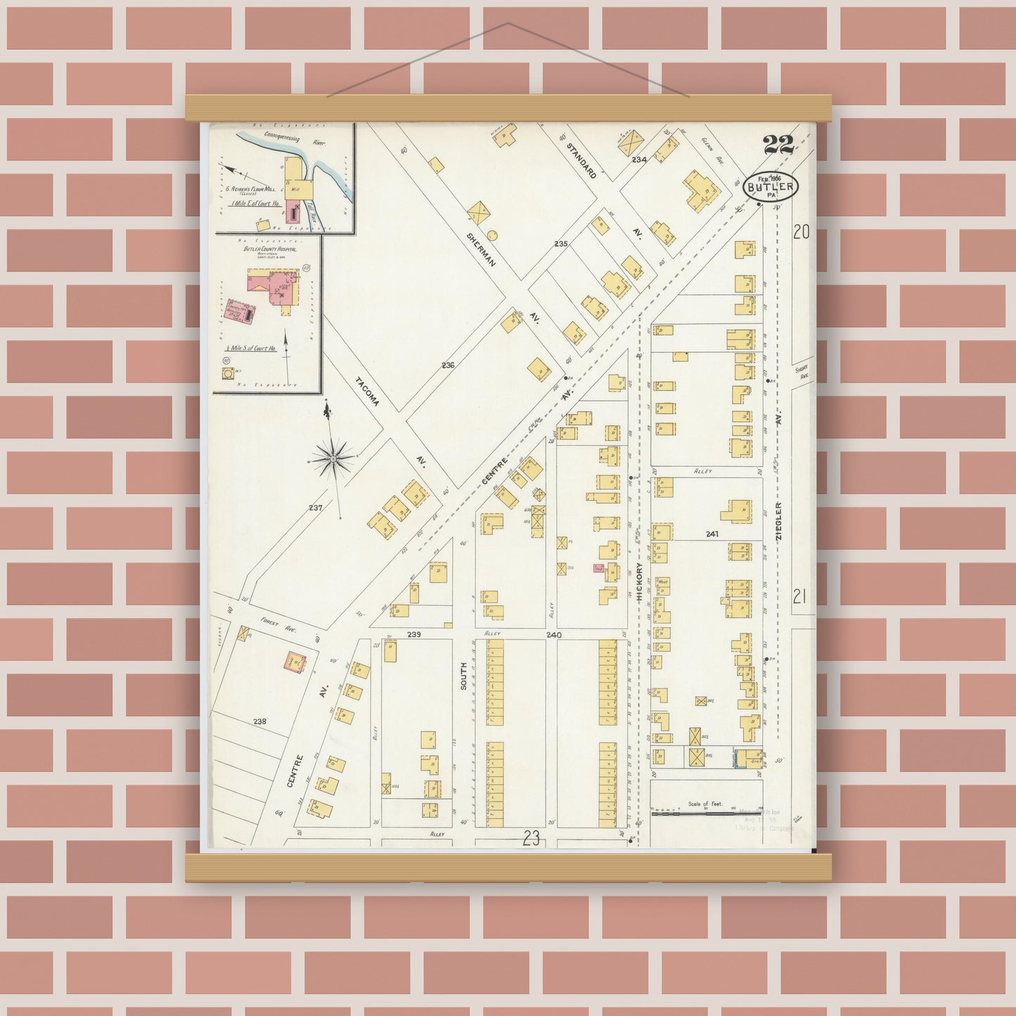 Old map wall art mockup — magnetic wood frame on brick wall — Sanborn Fire Insurance Map from Butler, Butler County, Pennsylvania (1906), Sheet #0022