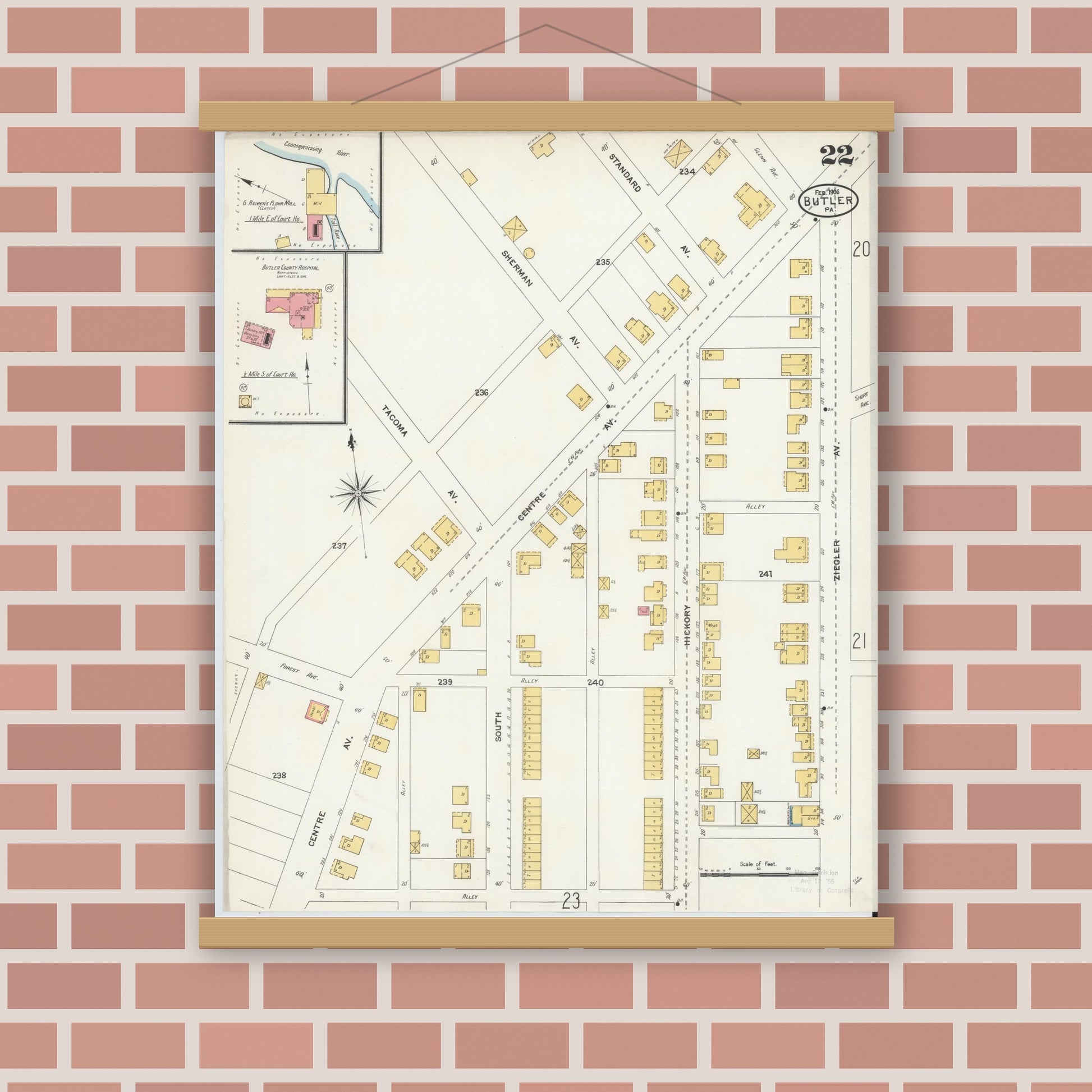 Old map wall art mockup — magnetic wood frame on brick wall — Sanborn Fire Insurance Map from Butler, Butler County, Pennsylvania (1906), Sheet #0022