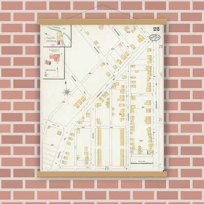 Old map wall art mockup — magnetic wood frame on brick wall — Sanborn Fire Insurance Map from Butler, Butler County, Pennsylvania (1906), Sheet #0022