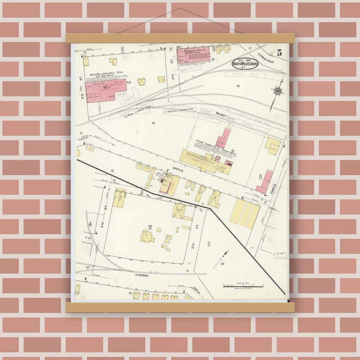 Old map wall art mockup — magnetic wood frame on brick wall — Sanborn Fire Insurance Map from North Wilkesboro, Wilkes County, North Carolina (1920), Sheet #0005