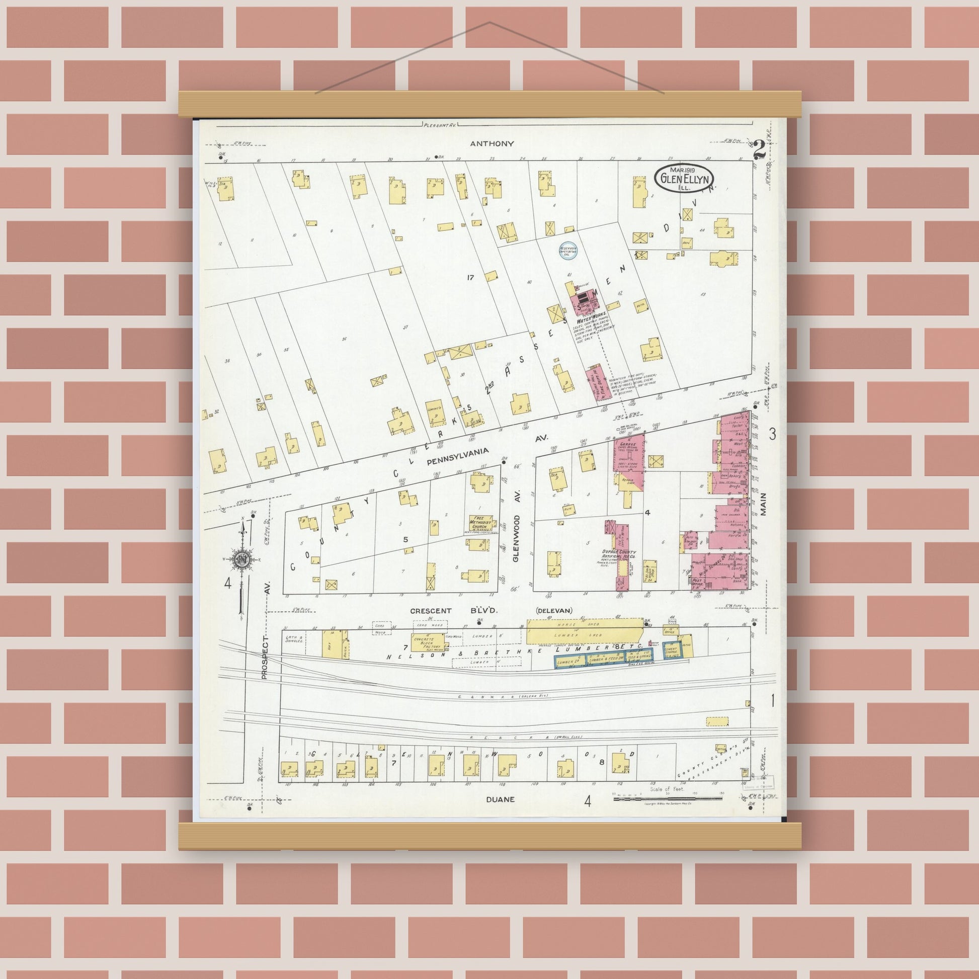 Old map wall art mockup — magnetic wood frame on brick wall — Sanborn Fire Insurance Map from Glen Ellyn, Du Page County, Illinois (1919), Sheet #0002