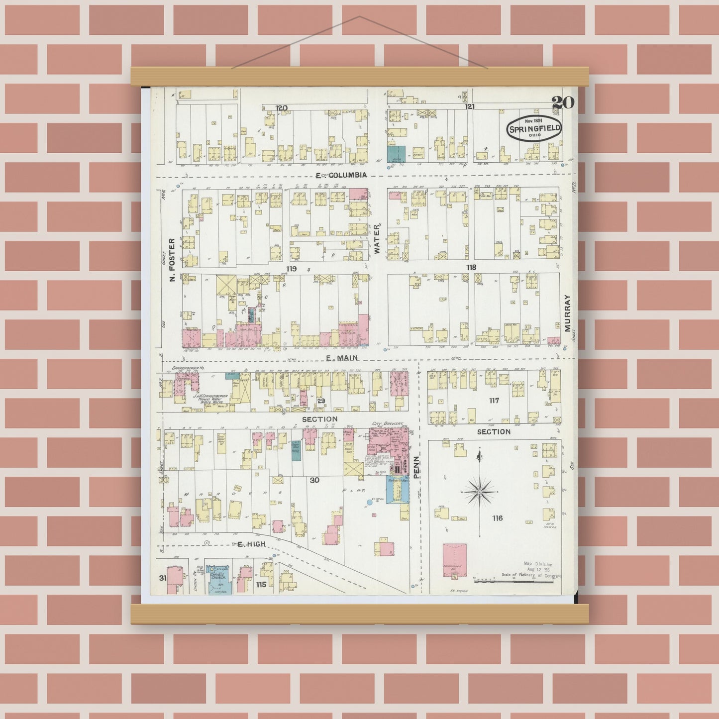 Old map wall art mockup — magnetic wood frame on brick wall — Sanborn Fire Insurance Map from Springfield, Clark County, Ohio (1891), Sheet #0020