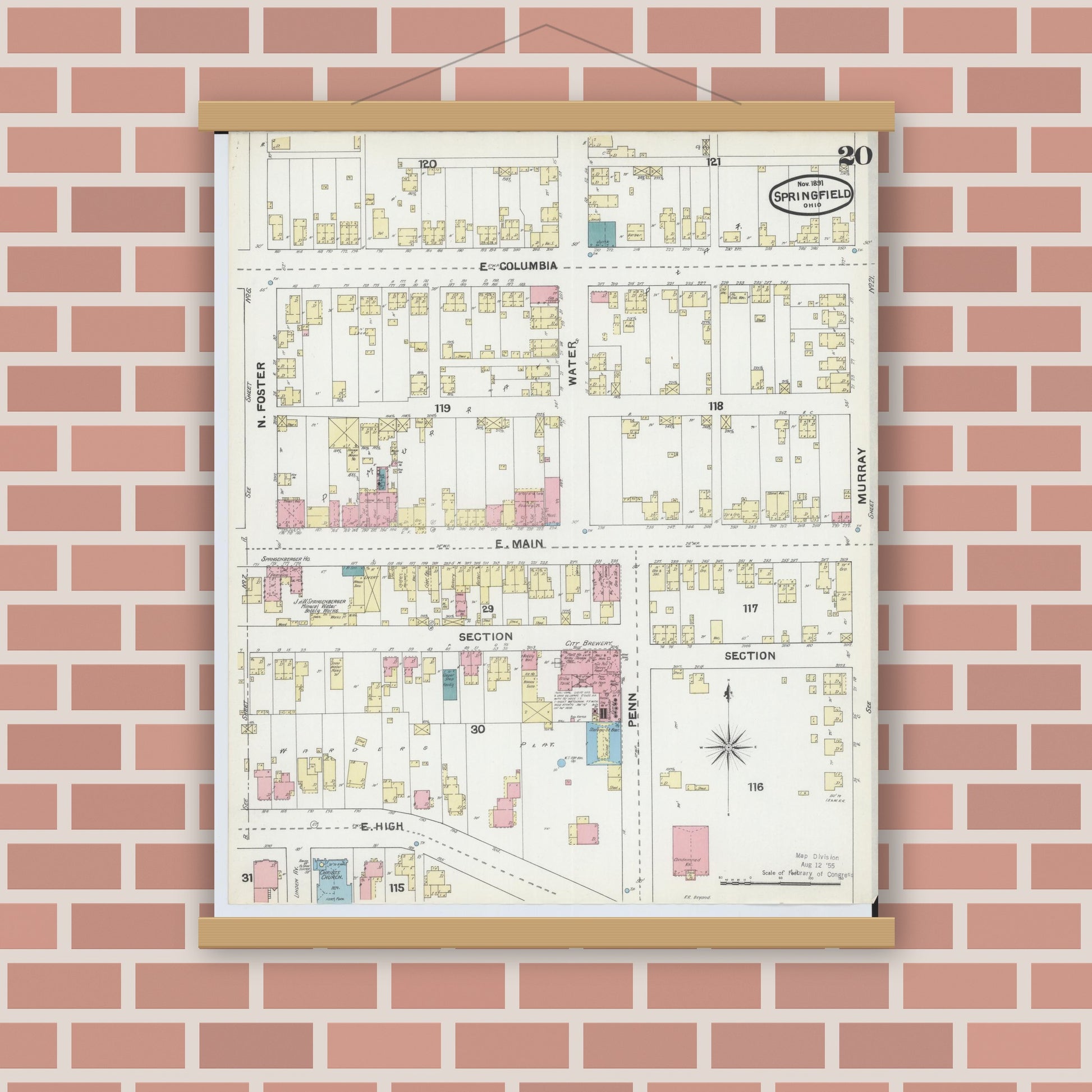 Old map wall art mockup — magnetic wood frame on brick wall — Sanborn Fire Insurance Map from Springfield, Clark County, Ohio (1891), Sheet #0020