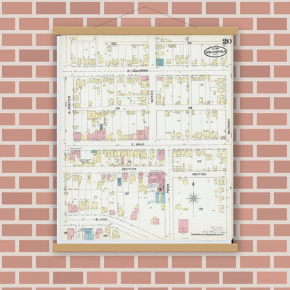 Old map wall art mockup — magnetic wood frame on brick wall — Sanborn Fire Insurance Map from Springfield, Clark County, Ohio (1891), Sheet #0020
