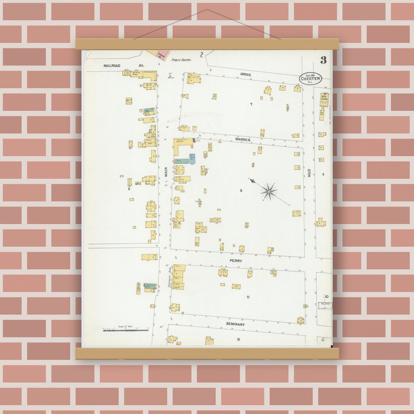Old map wall art mockup — magnetic wood frame on brick wall — Sanborn Fire Insurance Map from Chester, Morris County, New Jersey (1901), Sheet #0003