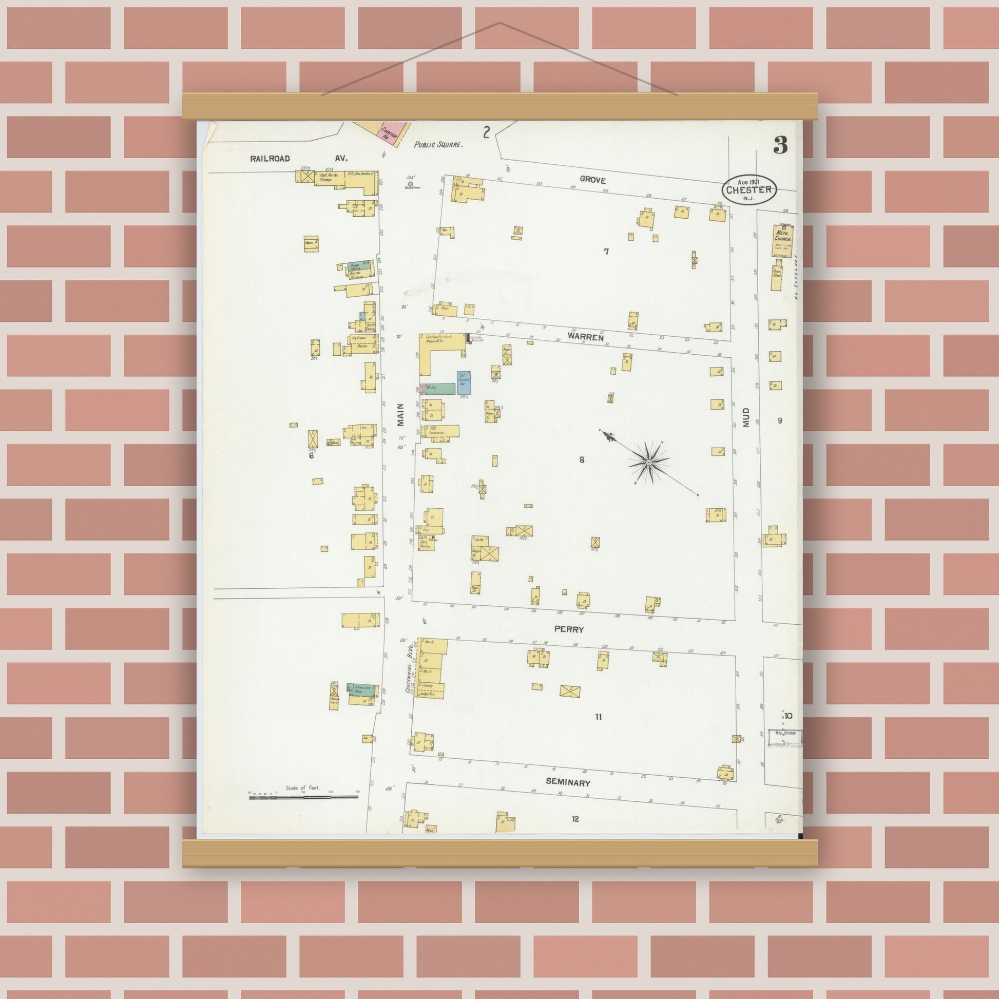 Old map wall art mockup — magnetic wood frame on brick wall — Sanborn Fire Insurance Map from Chester, Morris County, New Jersey (1901), Sheet #0003