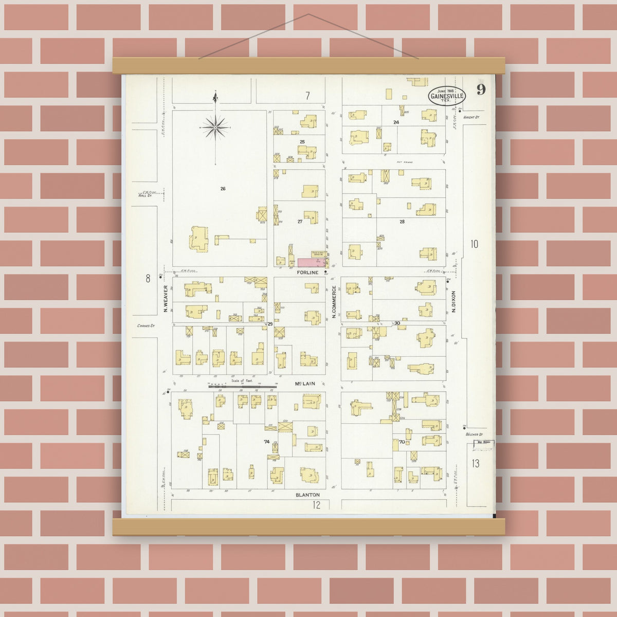 Old map wall art mockup — magnetic wood frame on brick wall — Sanborn Fire Insurance Map from Gainesville, Cooke County, Texas (1908), Sheet #0009