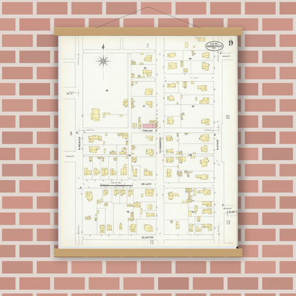 Old map wall art mockup — magnetic wood frame on brick wall — Sanborn Fire Insurance Map from Gainesville, Cooke County, Texas (1908), Sheet #0009