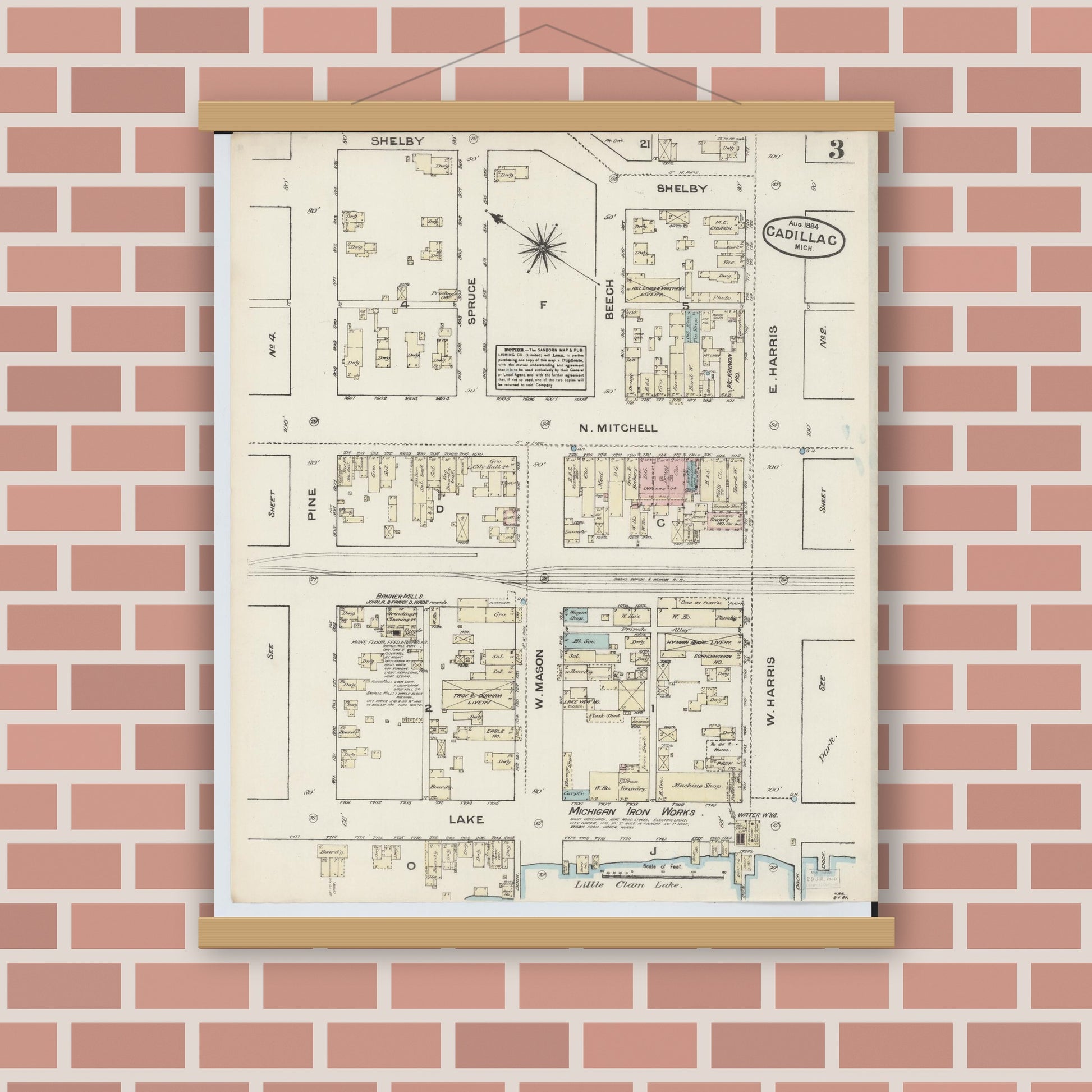 Old map wall art mockup — magnetic wood frame on brick wall — Sanborn Fire Insurance Map from Cadillac, Wexford County, Michigan (1884), Sheet #0003