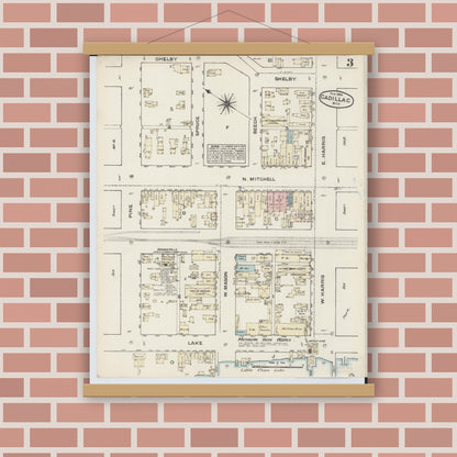 Old map wall art mockup — magnetic wood frame on brick wall — Sanborn Fire Insurance Map from Cadillac, Wexford County, Michigan (1884), Sheet #0003