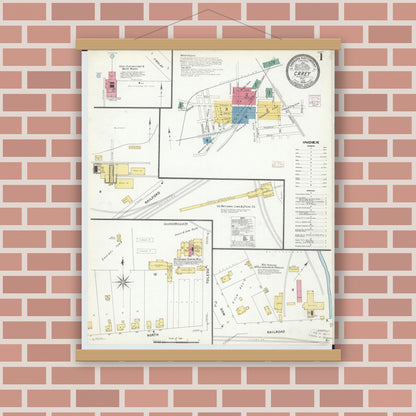 Old map wall art mockup — magnetic wood frame on brick wall — Sanborn Fire Insurance Map from Carey, Wyandot County, Ohio (1908), Sheet #0001