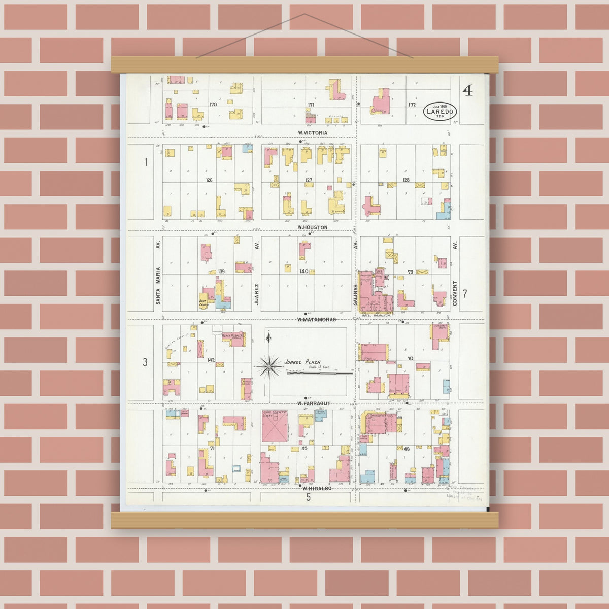 Old map wall art mockup — magnetic wood frame on brick wall — Sanborn Fire Insurance Map from Laredo, Webb County, Texas (1900), Sheet #0004