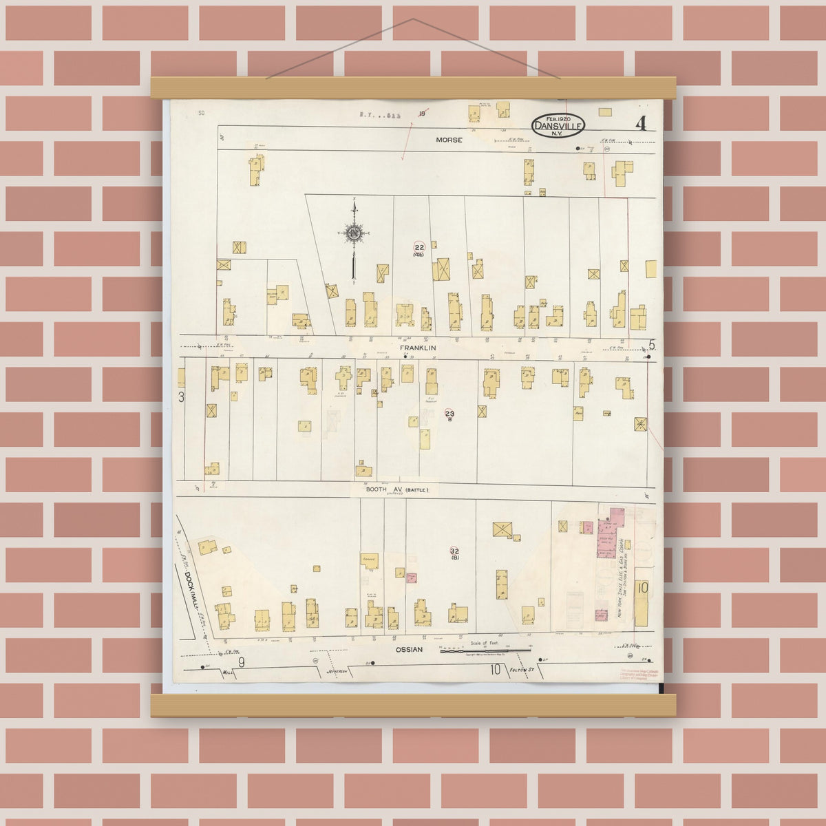 Old map wall art mockup — magnetic wood frame on brick wall — Sanborn Fire Insurance Map from Dansville, Livingston County, New York (1944), Sheet #0004