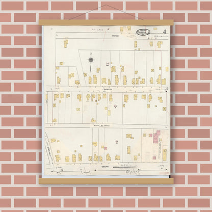 Old map wall art mockup — magnetic wood frame on brick wall — Sanborn Fire Insurance Map from Dansville, Livingston County, New York (1944), Sheet #0004