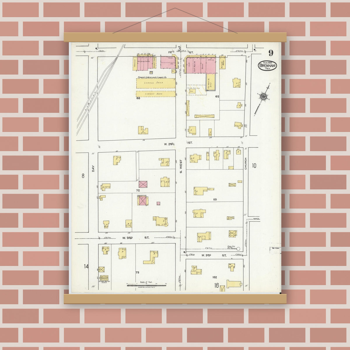 Old map wall art mockup — magnetic wood frame on brick wall — Sanborn Fire Insurance Map from Brenham, Washington County, Texas (1920), Sheet #0009