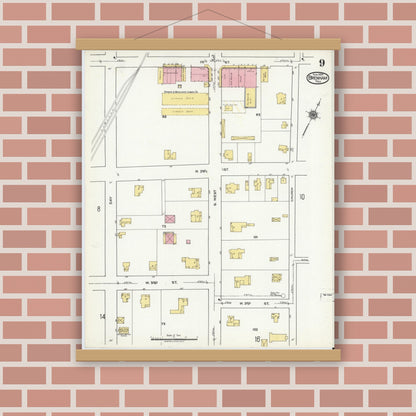Old map wall art mockup — magnetic wood frame on brick wall — Sanborn Fire Insurance Map from Brenham, Washington County, Texas (1920), Sheet #0009