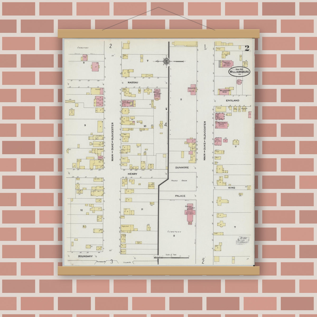 Old map wall art mockup — magnetic wood frame on brick wall — Sanborn Fire Insurance Map from Williamsburg, Independent Cities, Virginia (1910), Sheet #0002