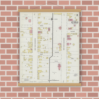 Old map wall art mockup — magnetic wood frame on brick wall — Sanborn Fire Insurance Map from Williamsburg, Independent Cities, Virginia (1910), Sheet #0002
