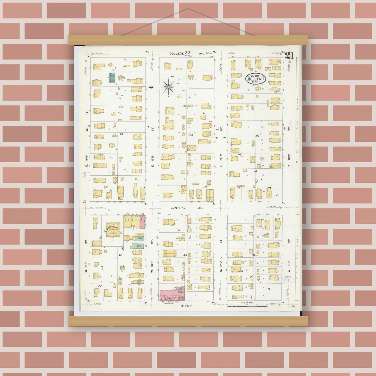 Old map wall art mockup — magnetic wood frame on brick wall — Sanborn Fire Insurance Map from Holland, Ottawa County, Michigan (1908), Sheet #0021