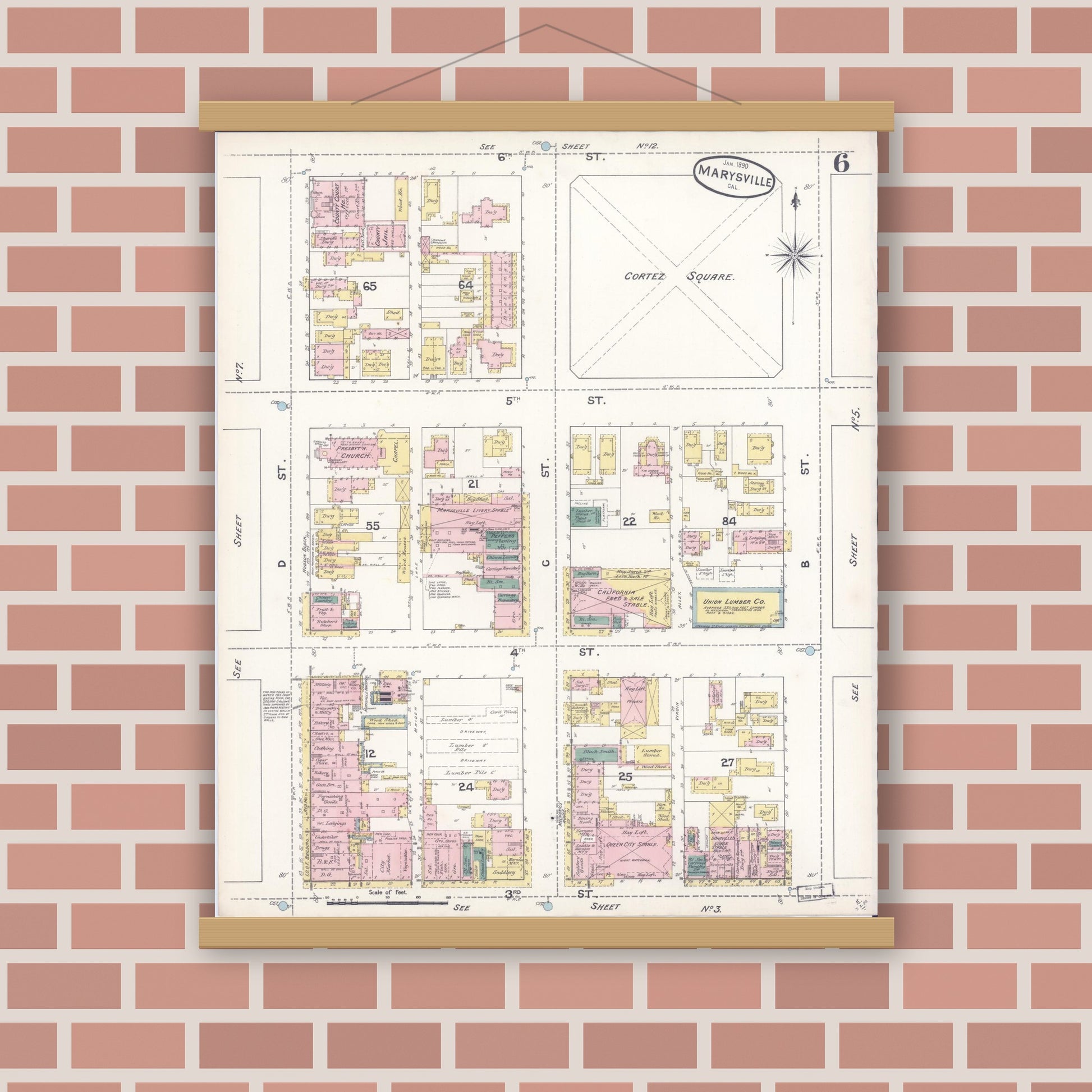 Old map wall art mockup — magnetic wood frame on brick wall — Sanborn Fire Insurance Map from Marysville, Yuba County, California (1890), Sheet #0006