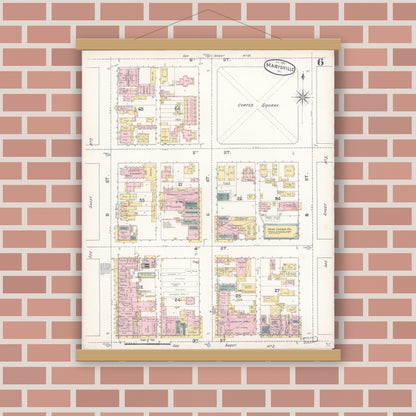 Old map wall art mockup — magnetic wood frame on brick wall — Sanborn Fire Insurance Map from Marysville, Yuba County, California (1890), Sheet #0006