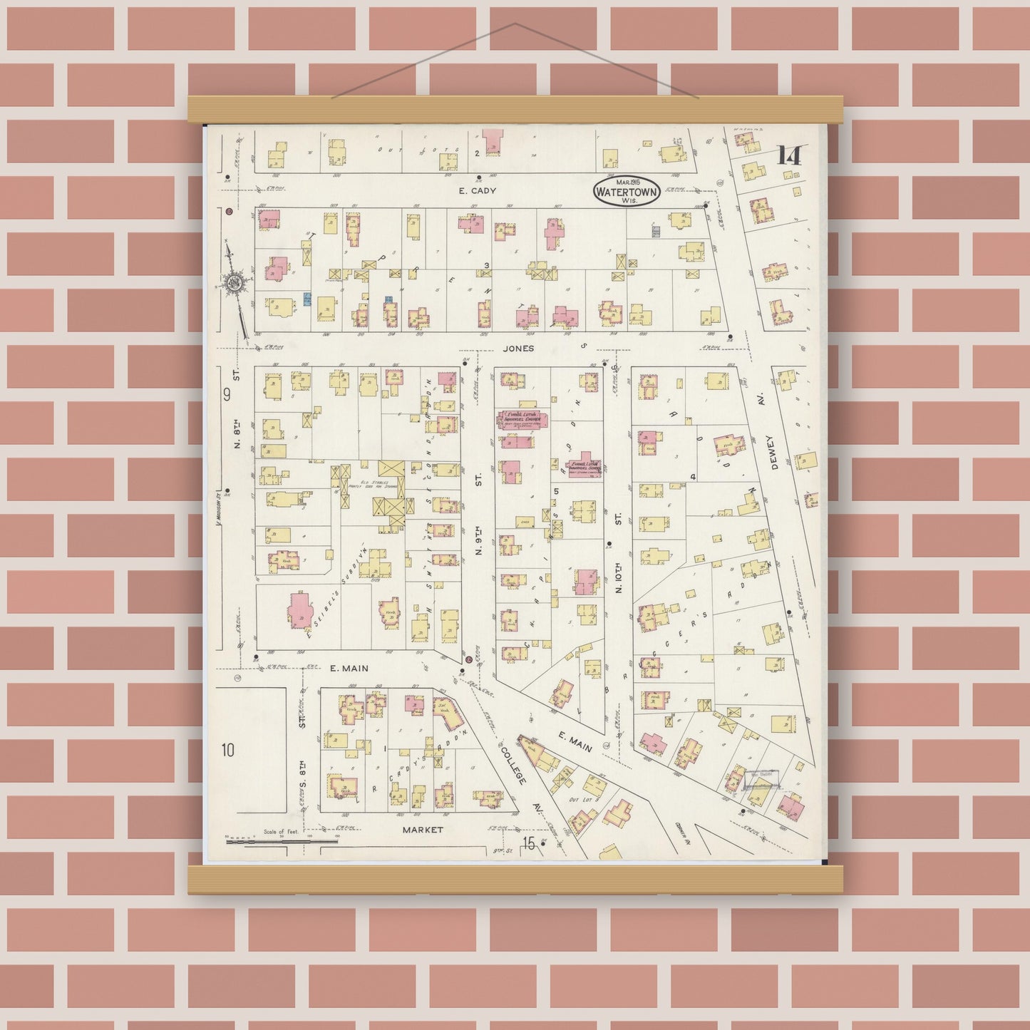 Old map wall art mockup — magnetic wood frame on brick wall — Sanborn Fire Insurance Map from Watertown, Jefferson County, Wisconsin (1915), Sheet #0015