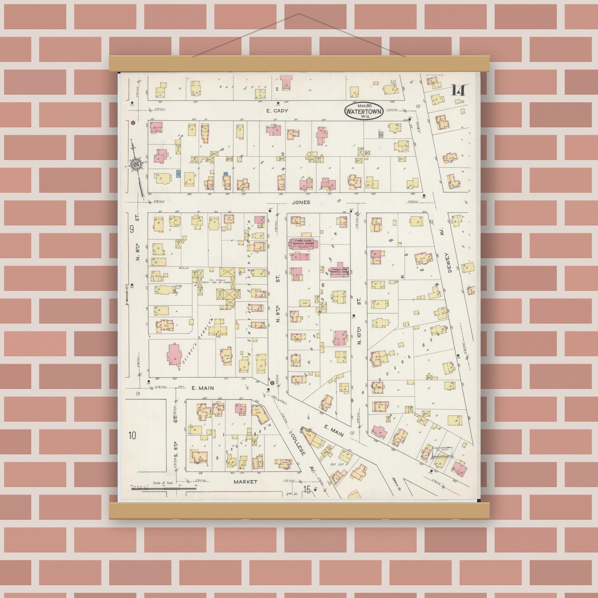 Old map wall art mockup — magnetic wood frame on brick wall — Sanborn Fire Insurance Map from Watertown, Jefferson County, Wisconsin (1915), Sheet #0015