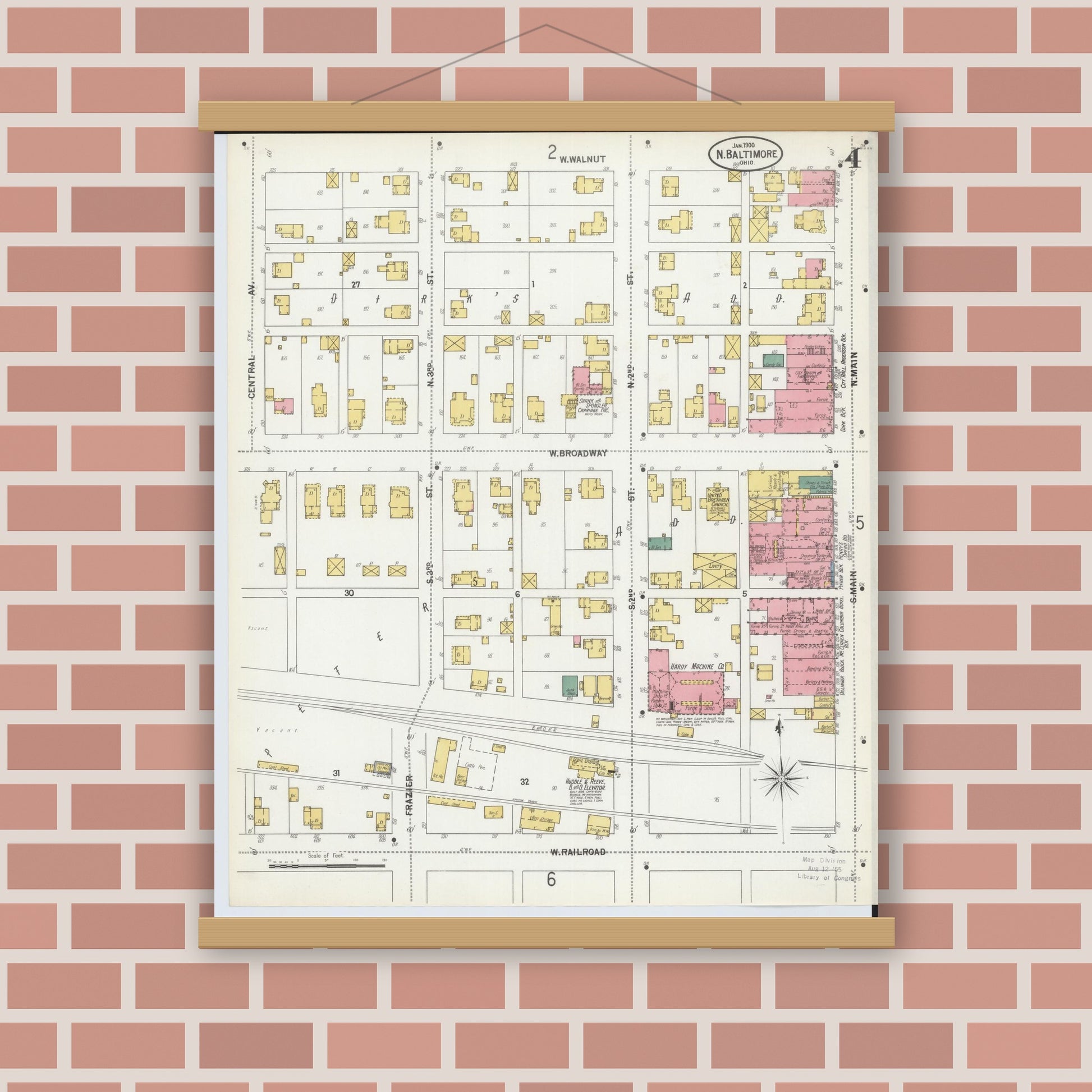Old map wall art mockup — magnetic wood frame on brick wall — Sanborn Fire Insurance Map from North Baltimore, Wood County, Ohio (1900), Sheet #0004