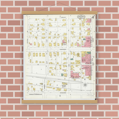 Old map wall art mockup — magnetic wood frame on brick wall — Sanborn Fire Insurance Map from North Baltimore, Wood County, Ohio (1900), Sheet #0004