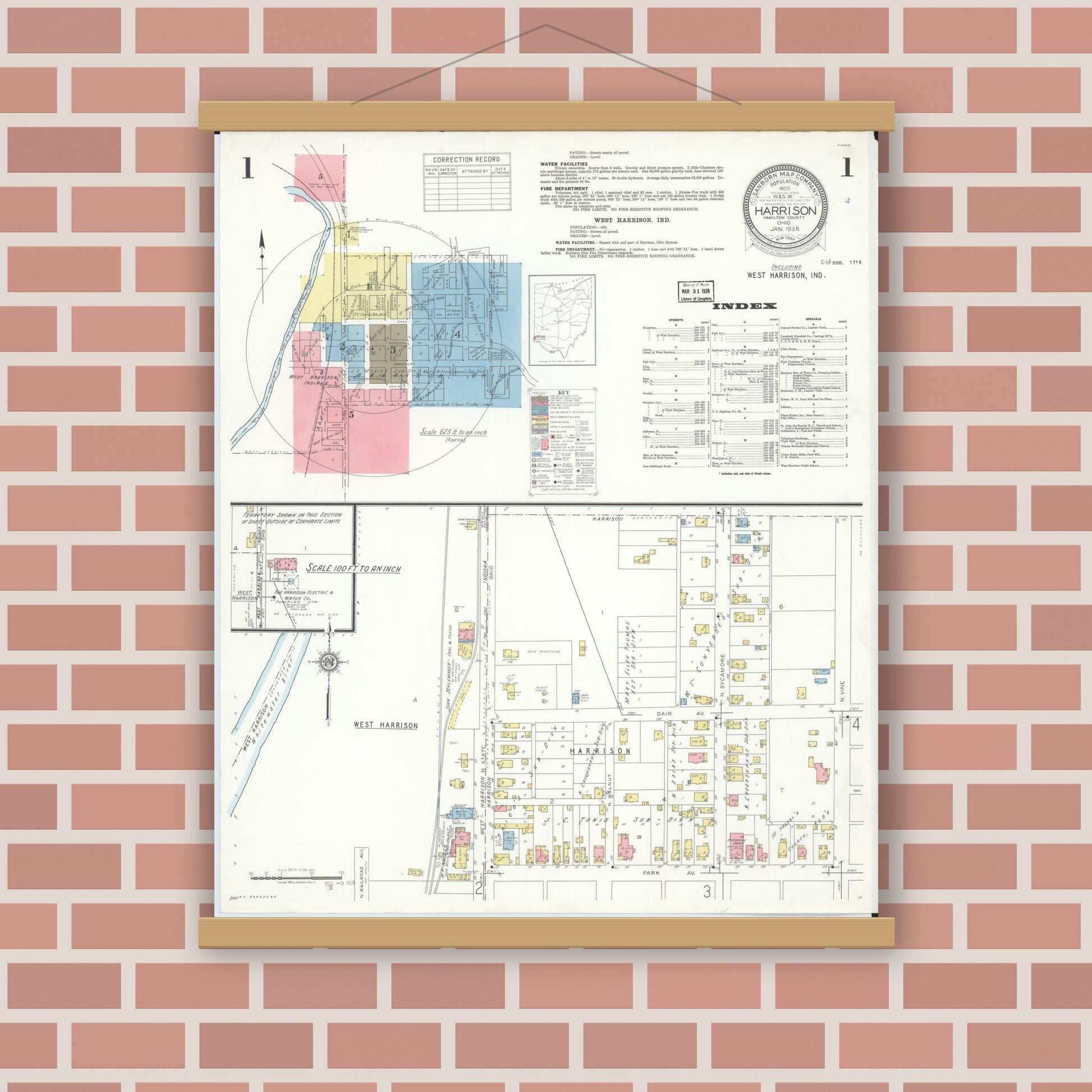 Old map wall art mockup — magnetic wood frame on brick wall — Sanborn Fire Insurance Map from Harrison, Hamilton County, Ohio (1938) - Complete Map Set