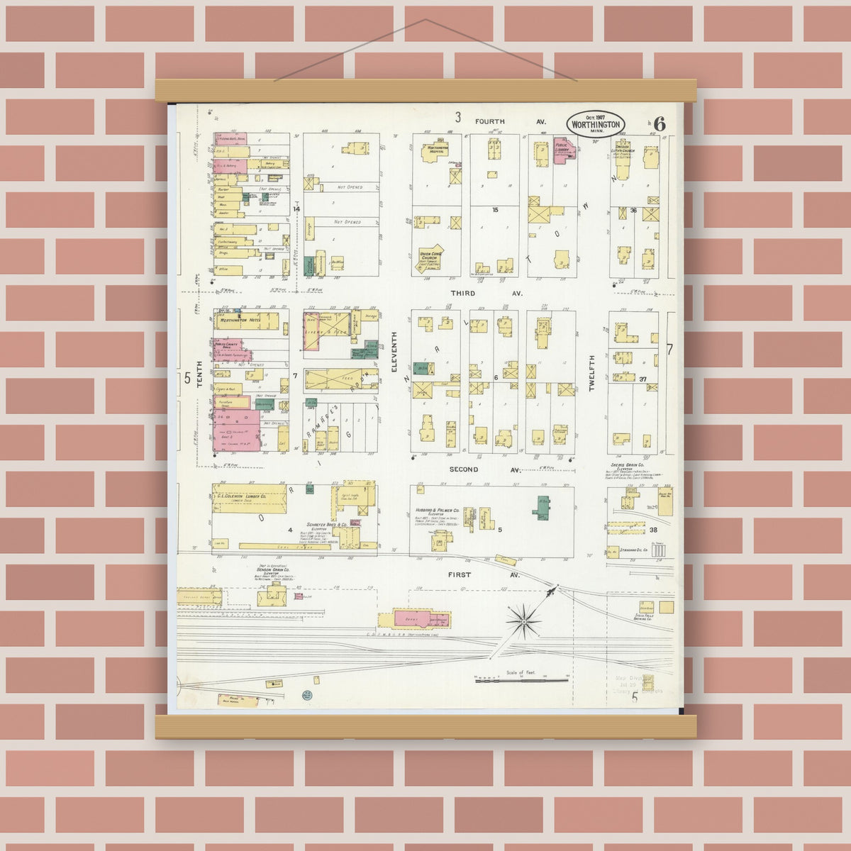 Old map wall art mockup — magnetic wood frame on brick wall — Sanborn Fire Insurance Map from Worthington, Nobles County, Minnesota (1907), Sheet #0006