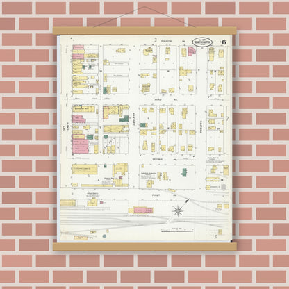 Old map wall art mockup — magnetic wood frame on brick wall — Sanborn Fire Insurance Map from Worthington, Nobles County, Minnesota (1907), Sheet #0006