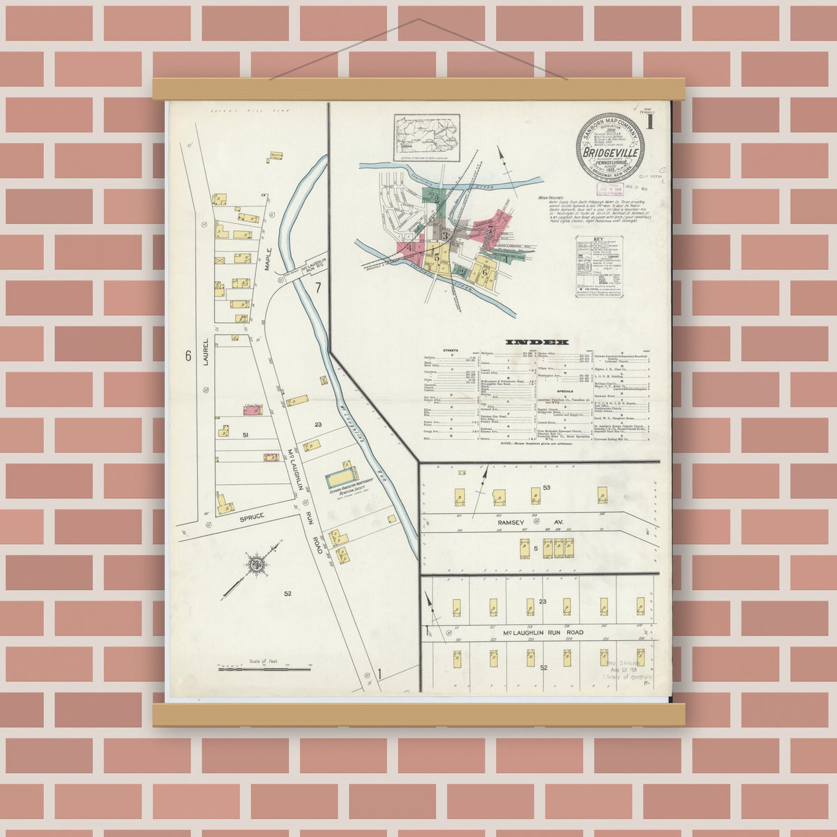 Old map wall art mockup — magnetic wood frame on brick wall — Sanborn Fire Insurance Map from Bridgeville, Allegheny County, Pennsylvania (1913), Sheet #0001