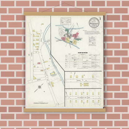 Old map wall art mockup — magnetic wood frame on brick wall — Sanborn Fire Insurance Map from Bridgeville, Allegheny County, Pennsylvania (1913), Sheet #0001