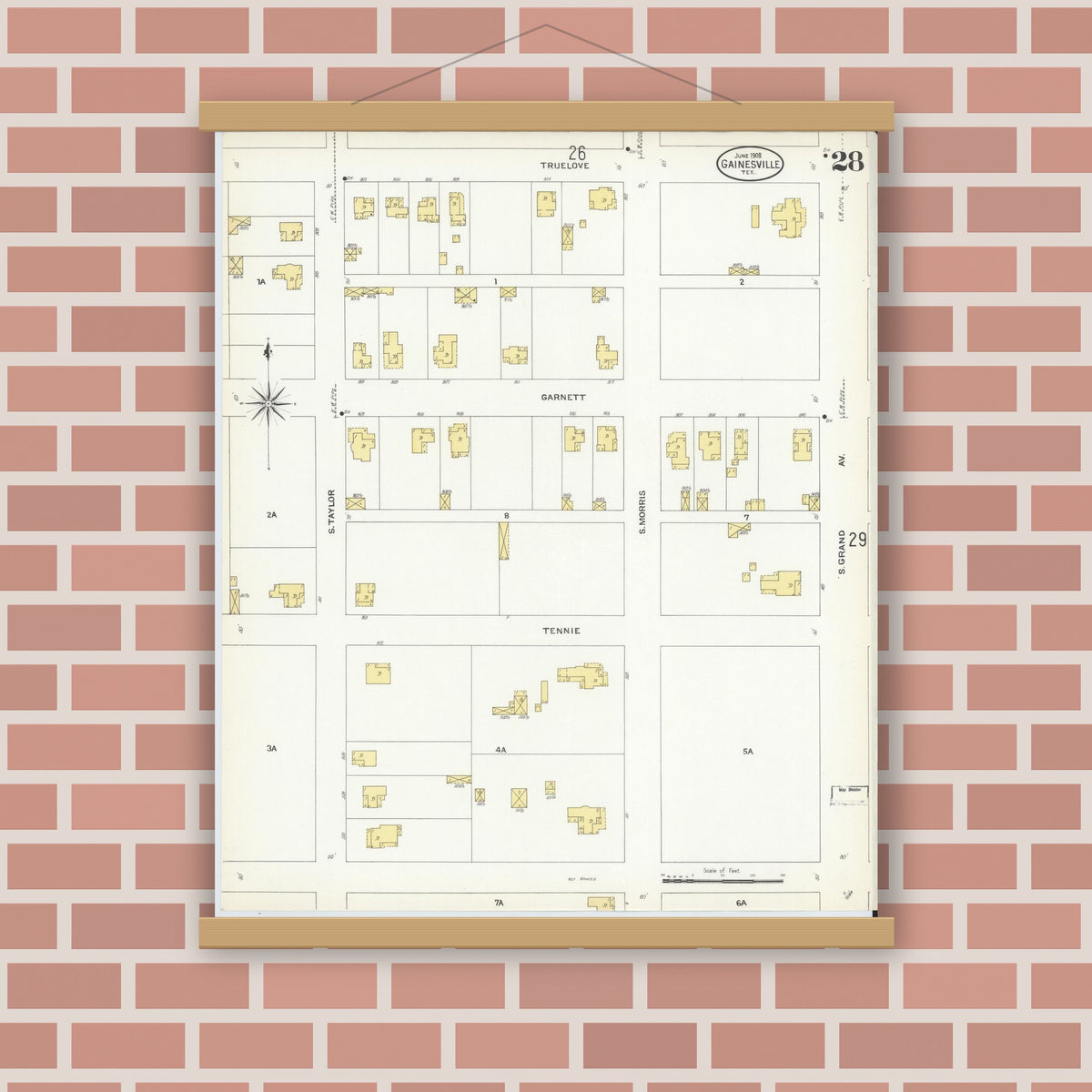 Old map wall art mockup — magnetic wood frame on brick wall — Sanborn Fire Insurance Map from Gainesville, Cooke County, Texas (1908), Sheet #0028