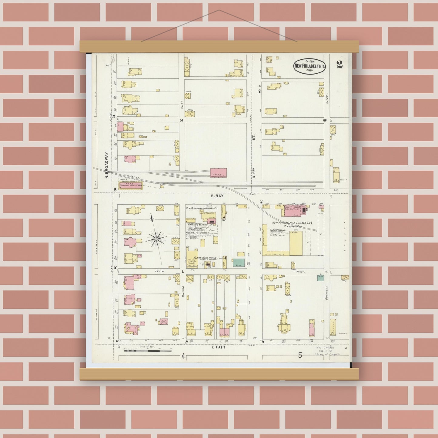Old map wall art mockup — magnetic wood frame on brick wall — Sanborn Fire Insurance Map from New Philadelphia, Tuscarawas County, Ohio (1896), Sheet #0002