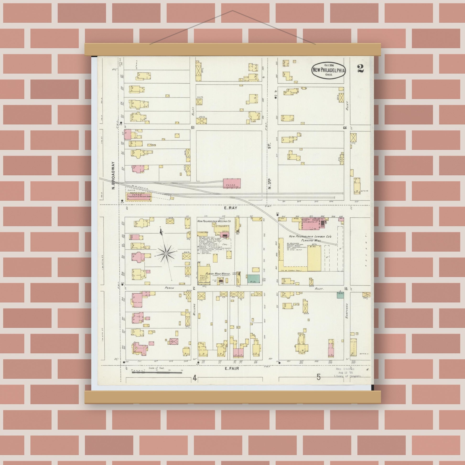 Old map wall art mockup — magnetic wood frame on brick wall — Sanborn Fire Insurance Map from New Philadelphia, Tuscarawas County, Ohio (1896), Sheet #0002