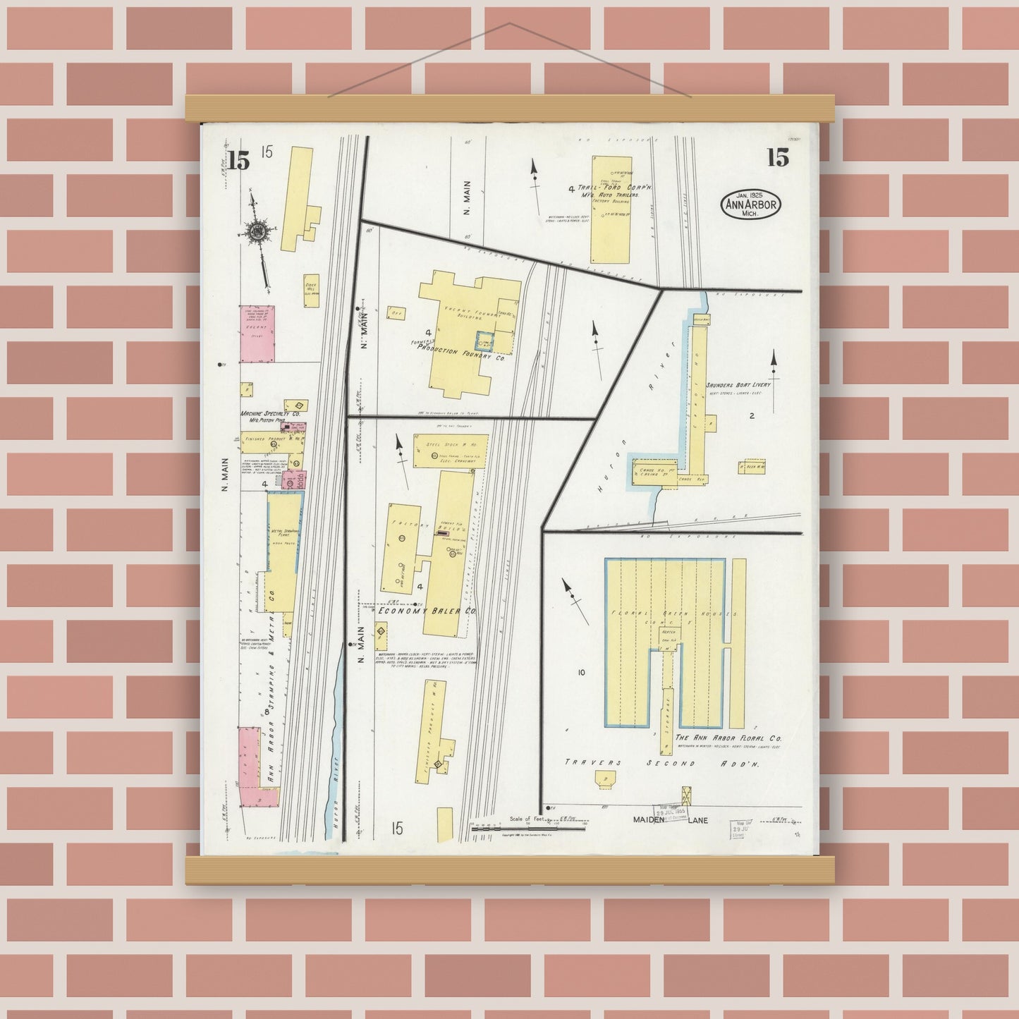 Old map wall art mockup — magnetic wood frame on brick wall — Sanborn Fire Insurance Map from Ann Arbor, Washtenaw County, Michigan (1925), Sheet #0015