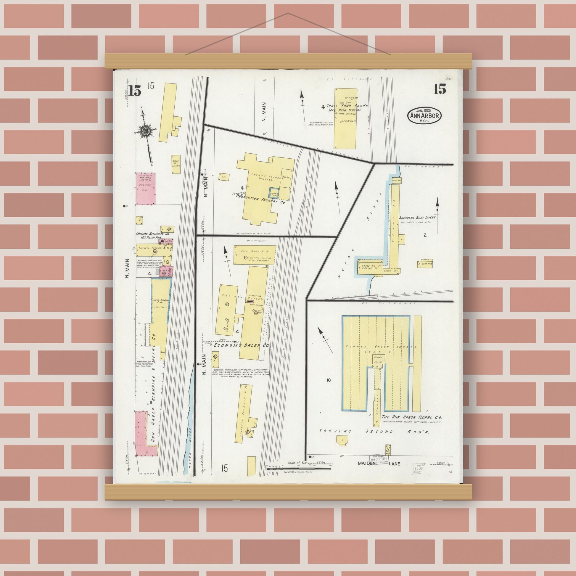Old map wall art mockup — magnetic wood frame on brick wall — Sanborn Fire Insurance Map from Ann Arbor, Washtenaw County, Michigan (1925), Sheet #0015