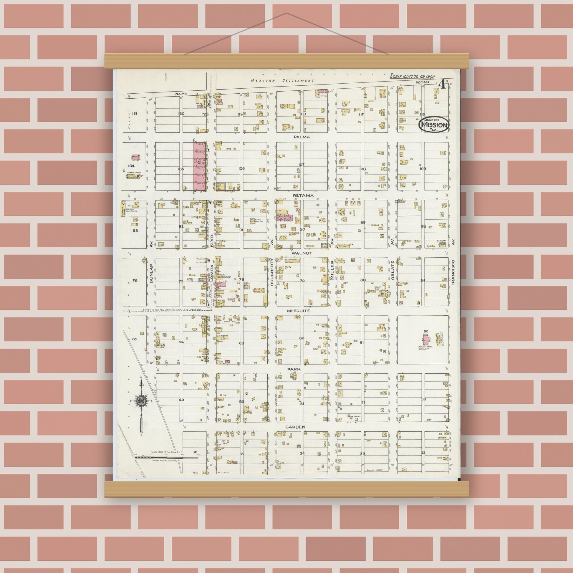 Old map wall art mockup — magnetic wood frame on brick wall — Sanborn Fire Insurance Map from Mission, Hidalgo County, Texas (1919), Sheet #0004