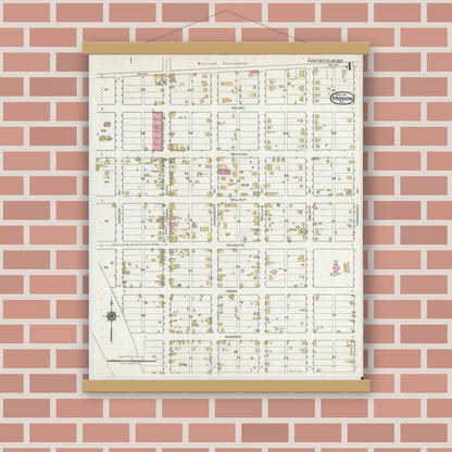 Old map wall art mockup — magnetic wood frame on brick wall — Sanborn Fire Insurance Map from Mission, Hidalgo County, Texas (1919), Sheet #0004