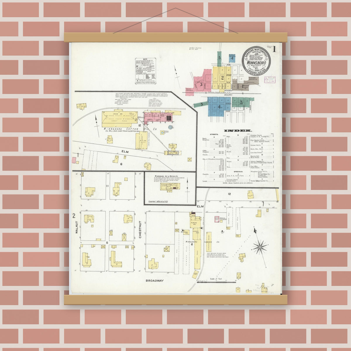 Old map wall art mockup — magnetic wood frame on brick wall — Sanborn Fire Insurance Map from Winnsboro, Wood County, Texas (1909) - Complete Map Set