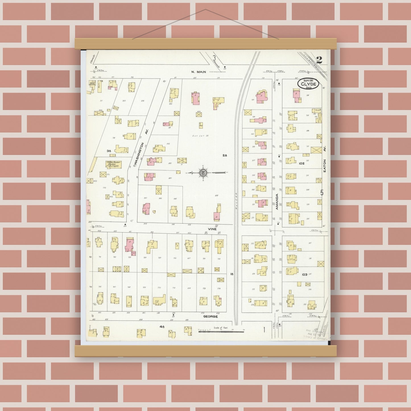 Old map wall art mockup — magnetic wood frame on brick wall — Sanborn Fire Insurance Map from Clyde, Sandusky County, Ohio (1911), Sheet #0002