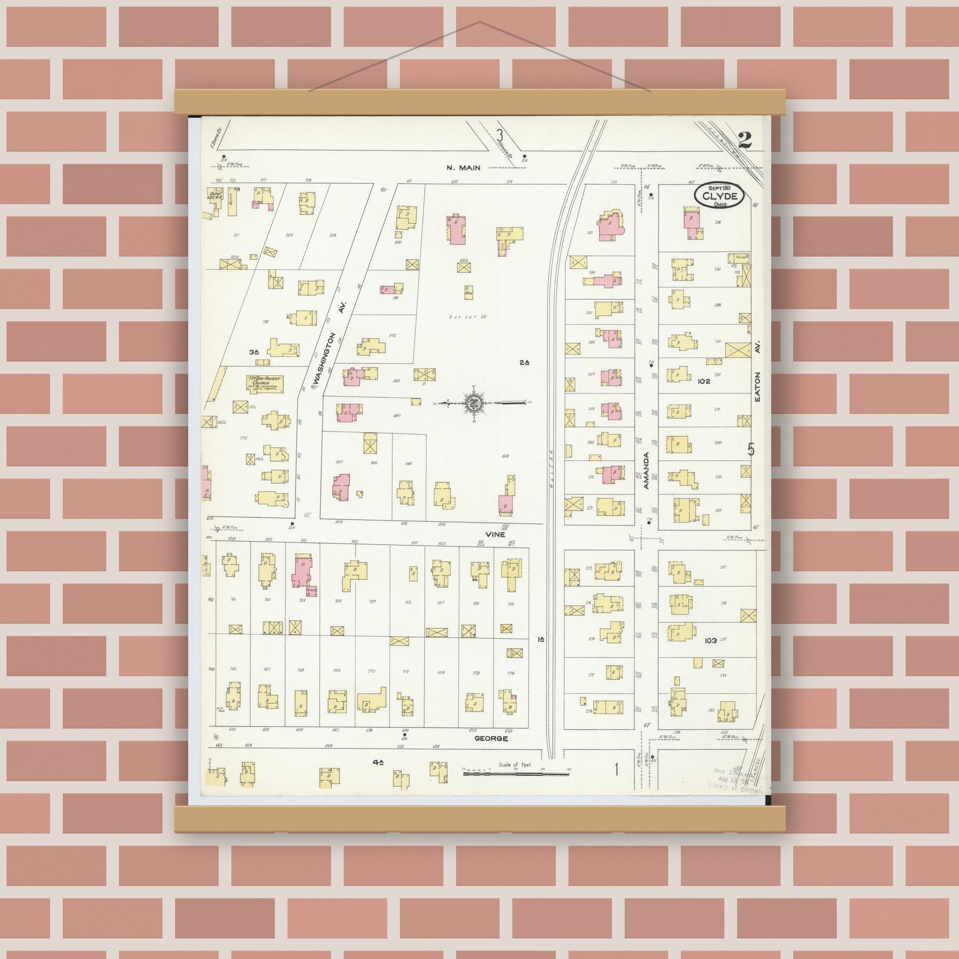 Old map wall art mockup — magnetic wood frame on brick wall — Sanborn Fire Insurance Map from Clyde, Sandusky County, Ohio (1911), Sheet #0002