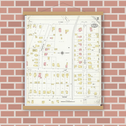 Old map wall art mockup — magnetic wood frame on brick wall — Sanborn Fire Insurance Map from Clyde, Sandusky County, Ohio (1911), Sheet #0002
