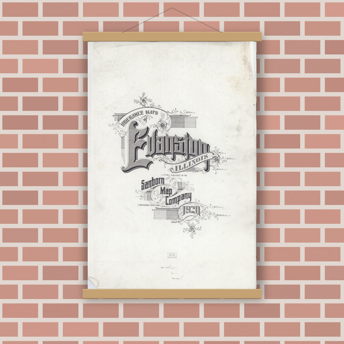 Old map wall art mockup — magnetic wood frame on brick wall — Sanborn Fire Insurance Map from Evanston, Cook County, Illinois (1920), Sheet #0001