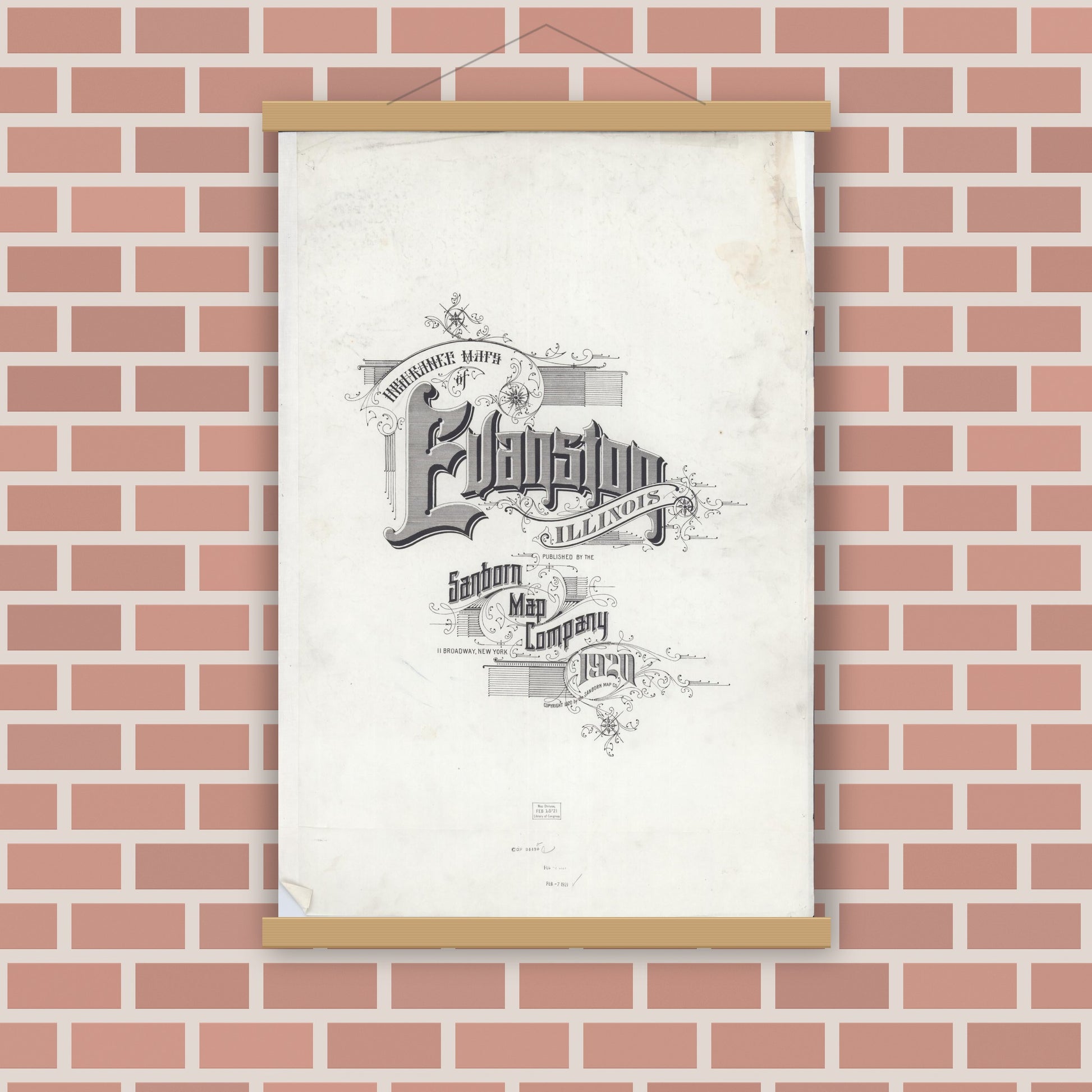 Old map wall art mockup — magnetic wood frame on brick wall — Sanborn Fire Insurance Map from Evanston, Cook County, Illinois (1920), Sheet #0001
