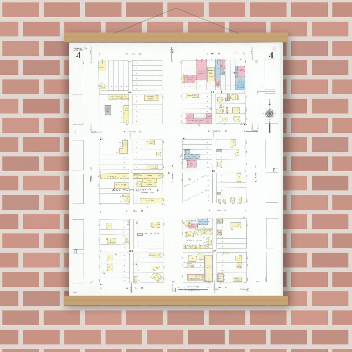 Old map wall art mockup — magnetic wood frame on brick wall — Sanborn Fire Insurance Map from Dumas, Moore County, Texas (1950), Sheet #0004