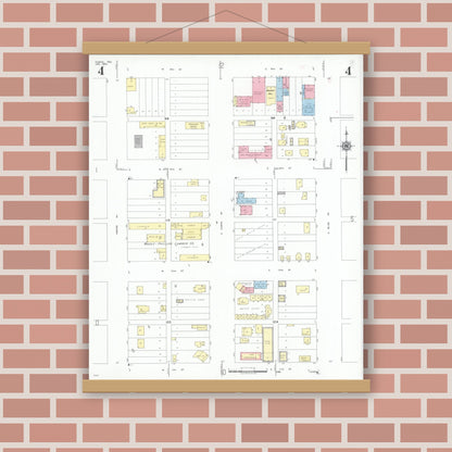 Old map wall art mockup — magnetic wood frame on brick wall — Sanborn Fire Insurance Map from Dumas, Moore County, Texas (1950), Sheet #0004